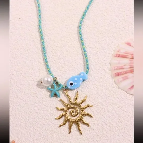 Sun Charm Necklace with Blue fish M541 - Picture 2 of 4